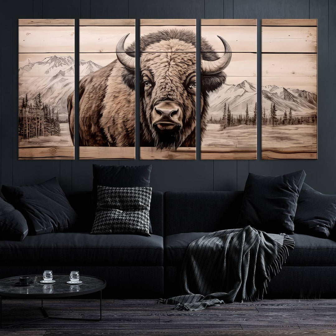 A stunning triptych artwork from the "Bison Canvas Wall Art American Buffalo Print Rustic Decor for Farmhouse Wall Art" collection graces the modern living room. Its vibrant colors are enhanced by museum-quality canvas and a UV-protective coating. The gallery-wrapped piece adds elegance to the space.