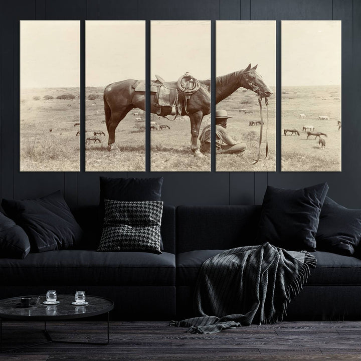 The "Serene Cowboy and Horse Resting on the Prairie" canvas print beautifully captures the essence of the American West, featuring a vintage cowboy resting under his horse in a grassy field with grazing cattle. This ready-to-hang western wall art adds a touch of nostalgia to any space.