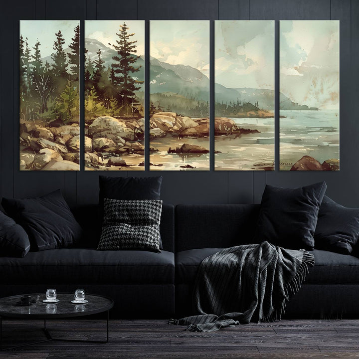 A triptych of the Abstract Acadia National Park Wall Art Canvas Print, featuring a stunning 3-panel design with elements like pine trees, rocks, and mountains, is elegantly displayed.