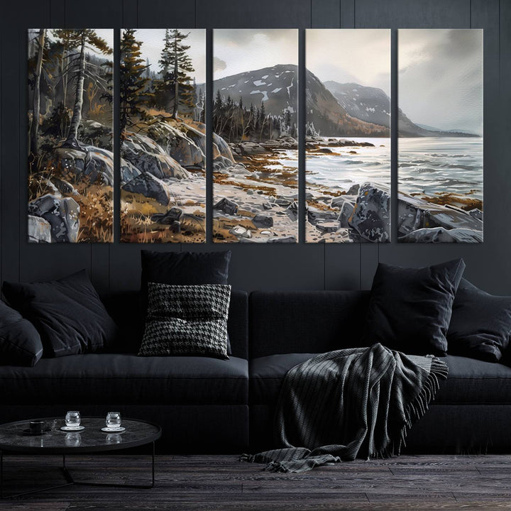 The stunning Serene Coastal View of Acadia National Park is a 3-panel wall art canvas print that beautifully captures a tranquil mountain and lake scene.