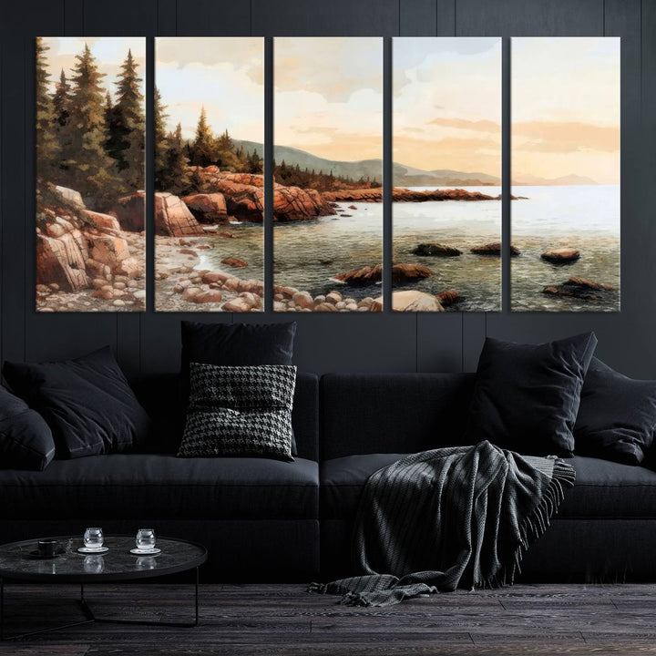 Serene Coastal View of Acadia National Park - Stunning 3-Panel Wall Art Canvas Print, Framed, Ready to Hang