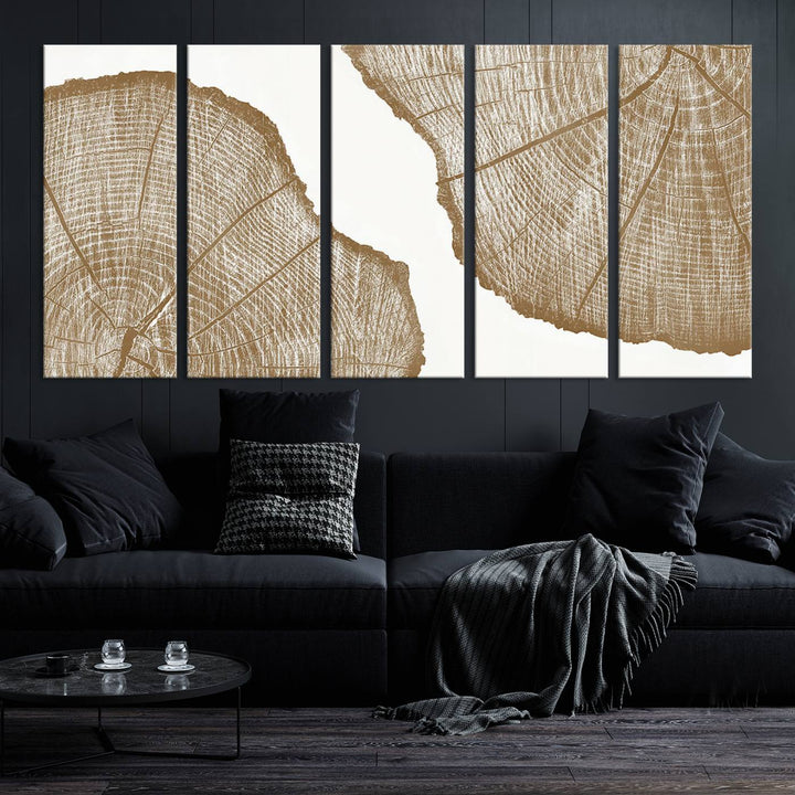 The "Rustic Brown Tree Ring Wall Art Canvas Print" in the living room adds an elegant, nature-inspired touch to the space.