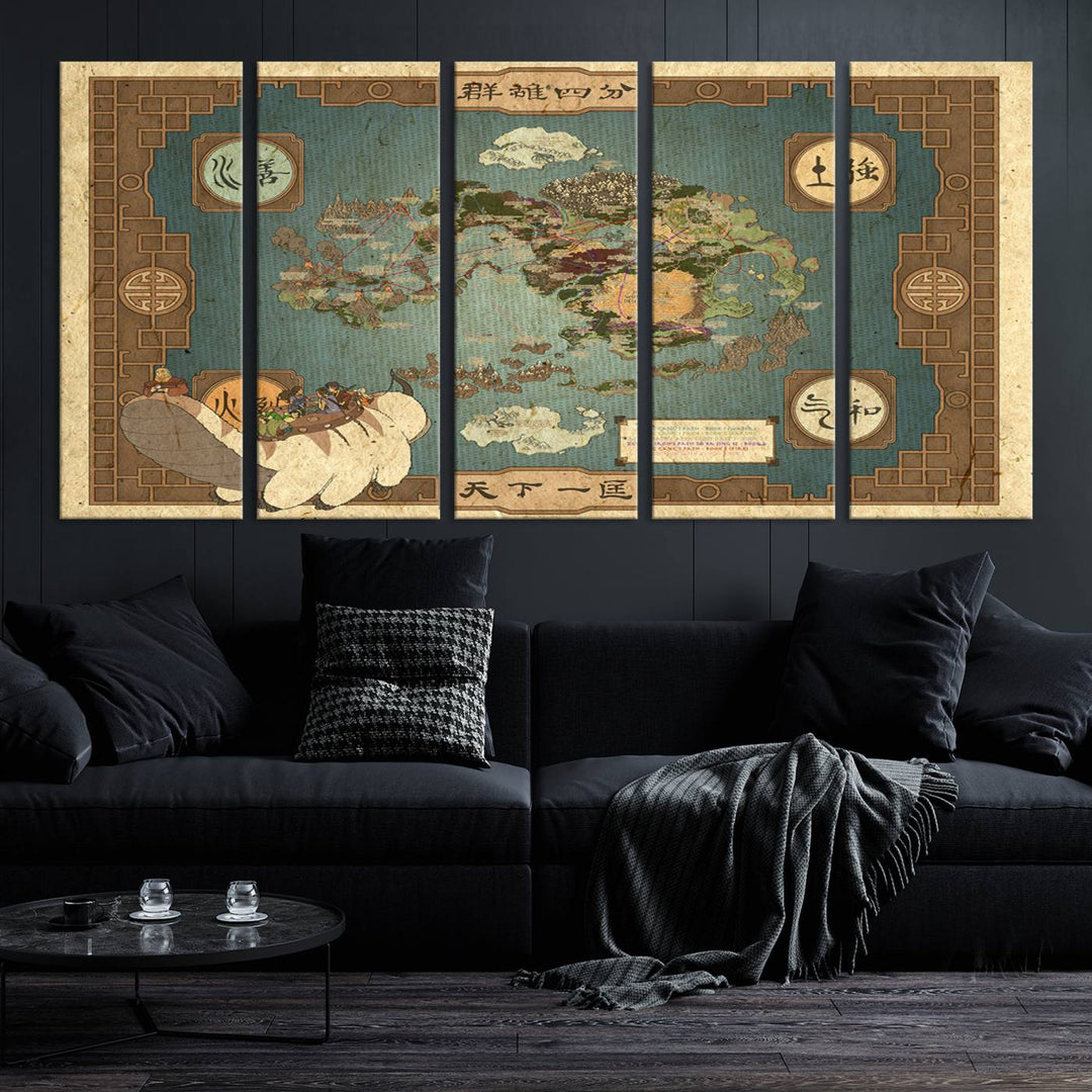 Hanging above is the Avatar: The Last Airbender Vintage Map - Wall Art Canvas Print, framed and ready to hang, showcasing an enchanting glimpse into the iconic four nations design.