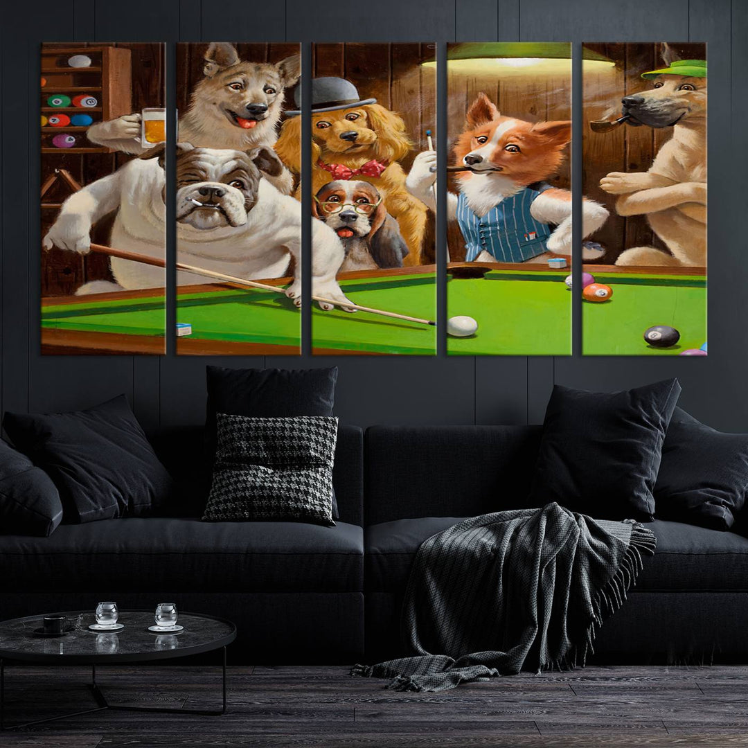 The "Dogs Playing Pool Canvas Wall Art" features a whimsical scene of dogs dressed as humans playing pool in a bar, presented as a three-panel display with a gallery-quality finish.