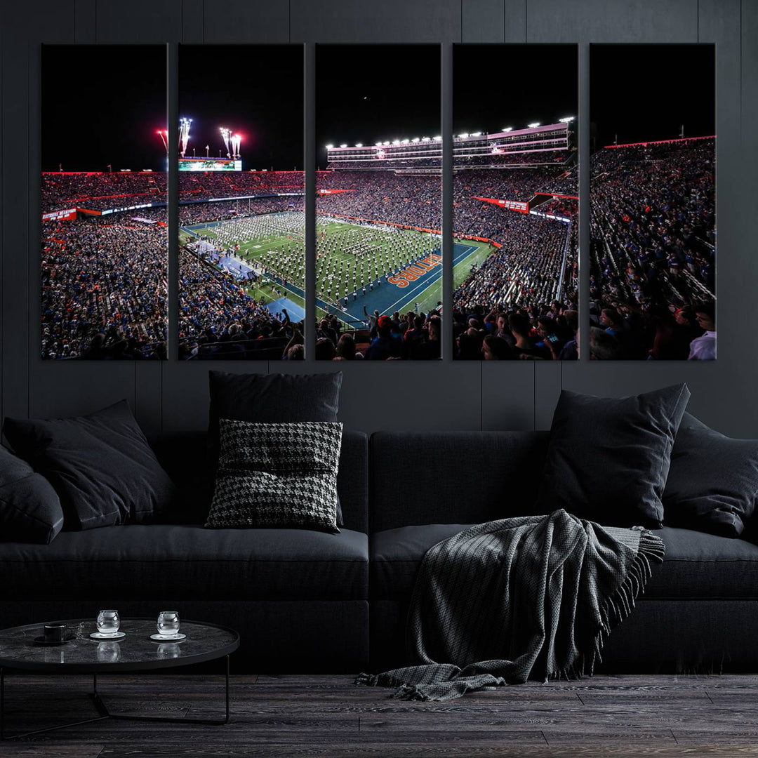 Ben Hill Griffin Stadium Night Game Triple Canvas Wall Art - Florida Gators Football Match