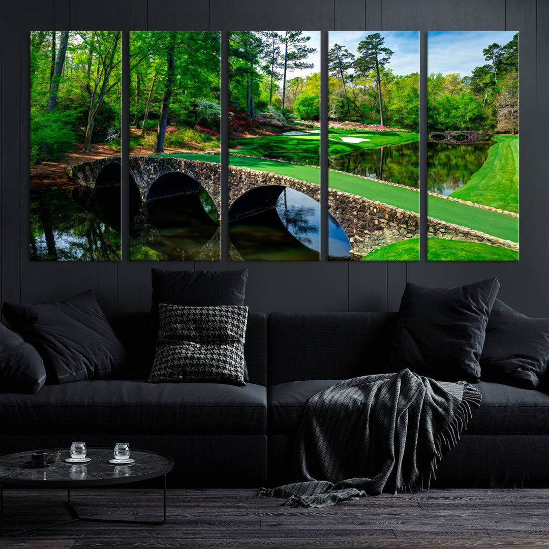 Augusta National Golf Club Wall Art - Panoramic Bridge & Lush Greenery – Premium Framed, Ready-to-Hang Triptych Canvas