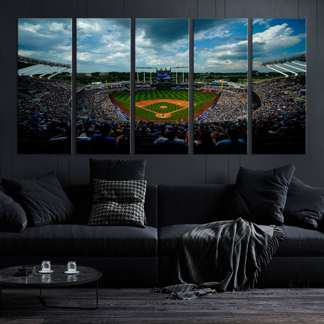 Kauffman Stadium Day Game Triple Canvas Wall Art - Kansas City Royals MLB Match