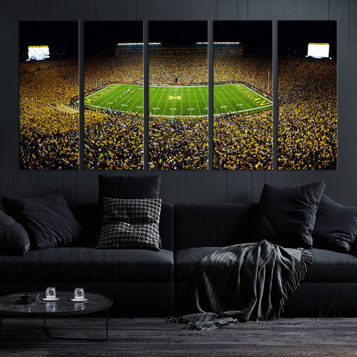 Michigan Wolverines Football Team Print - Michigan Stadium Night Game Triple Canvas Wall Art - University of Michigan Football Match