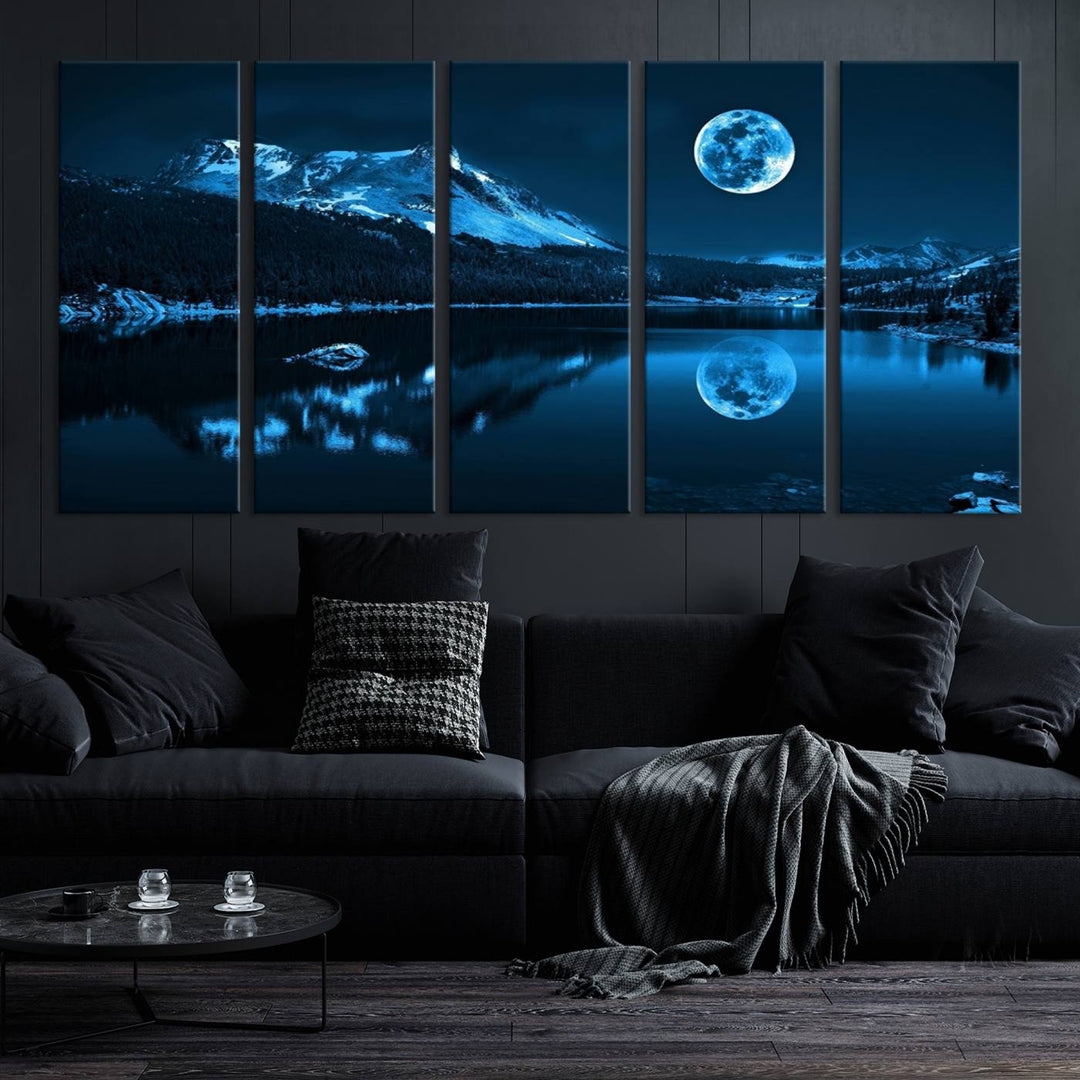 Blue Moon Mountain Lake Landscape Framed Wall Art Canvas Print