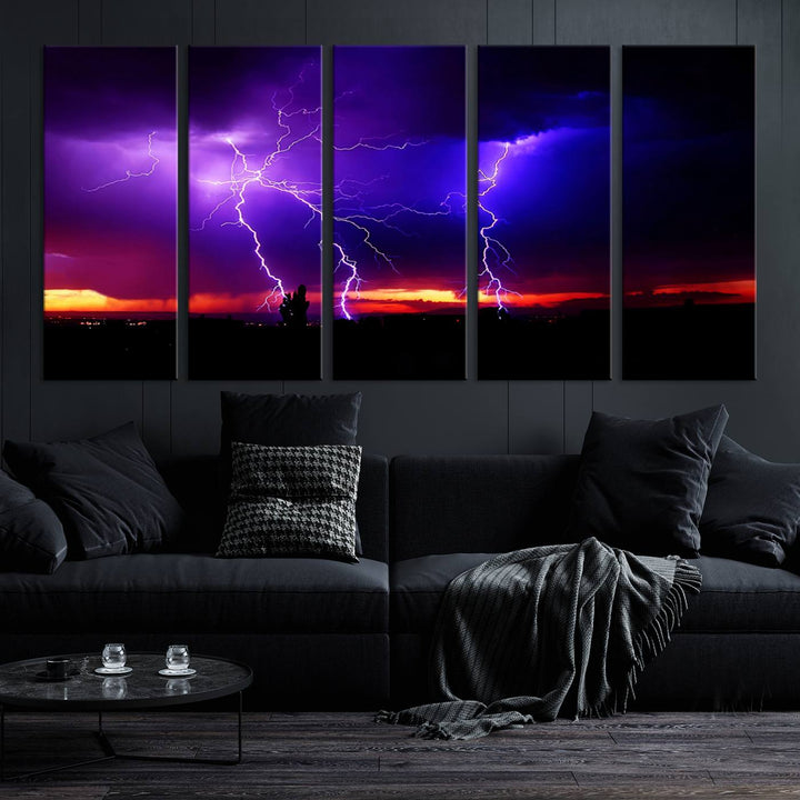 Electrifying Sunset Thunderstorm Canvas Print – Dramatic Lightning and Vibrant Sunset Wall Art