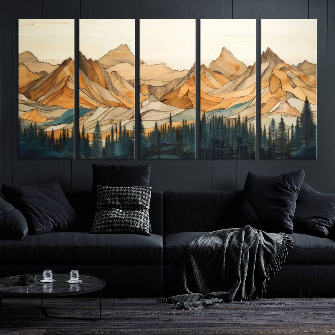 Rustic Wood Style Mountain Wall Art Print | Triptych Giclee Print Featuring Handcrafted Forest and Mountain Range Design | Framed Ready-to-Hang Print