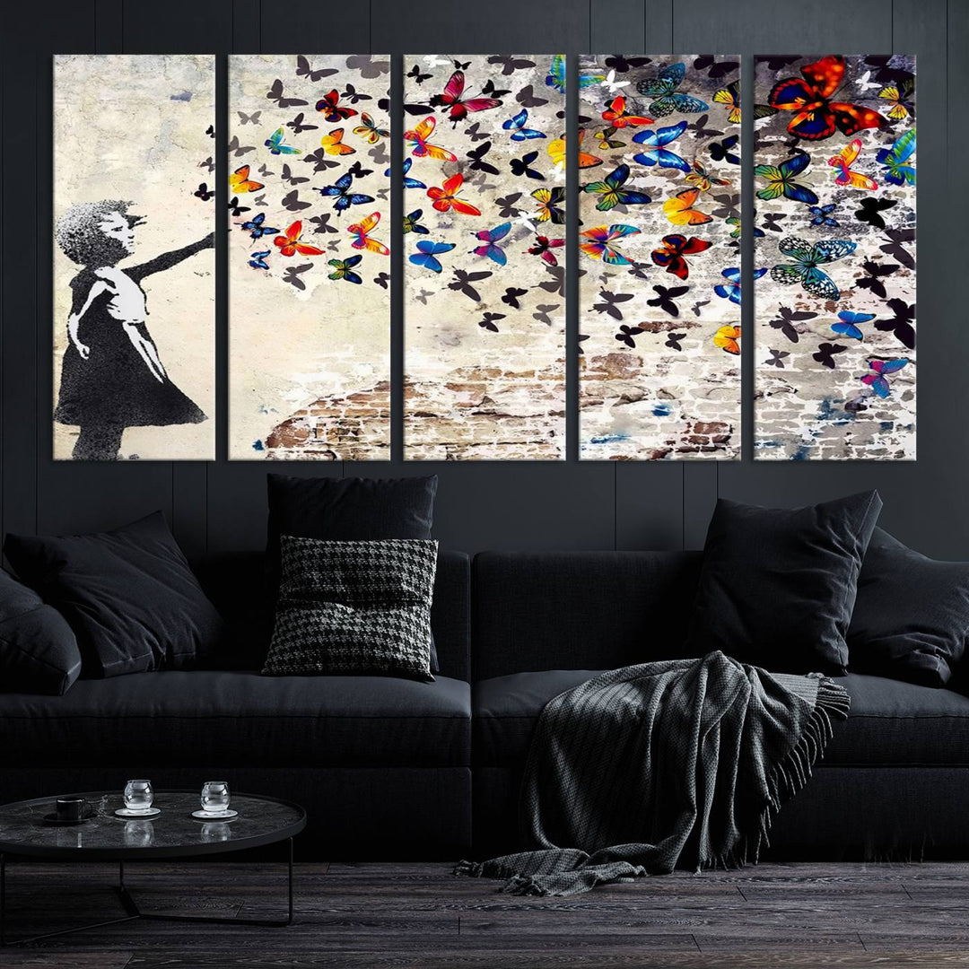 Banksy Style Girl with Butterflies Wall Art - Beautiful Framed Ready-to-Hang Triptych Canvas - Vibrant Butterfly Street Art for Modern Decor