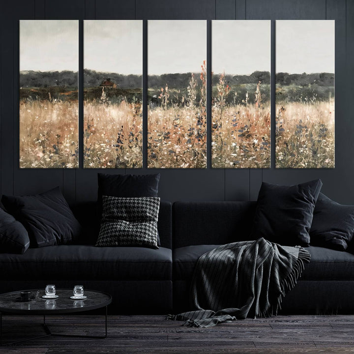 Rustic Field Landscape Triptych, Giclee Canvas Wall Art for Modern Homes, Warm Meadow and Wildflower Art Print, Large Nature Inspired Canvas Print