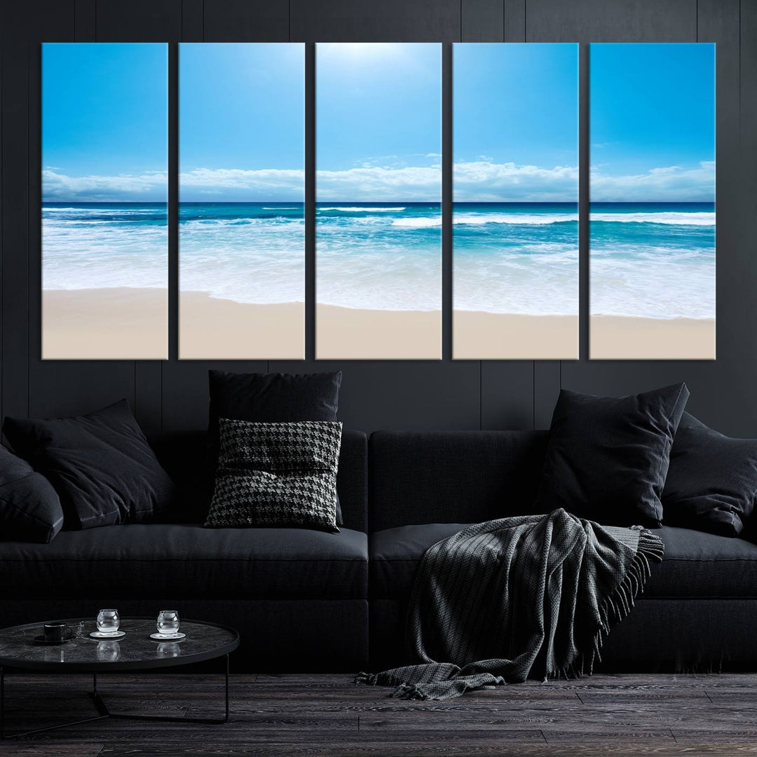 Lienzo decorativo para pared grande con estampado de mar y playa azul brillante