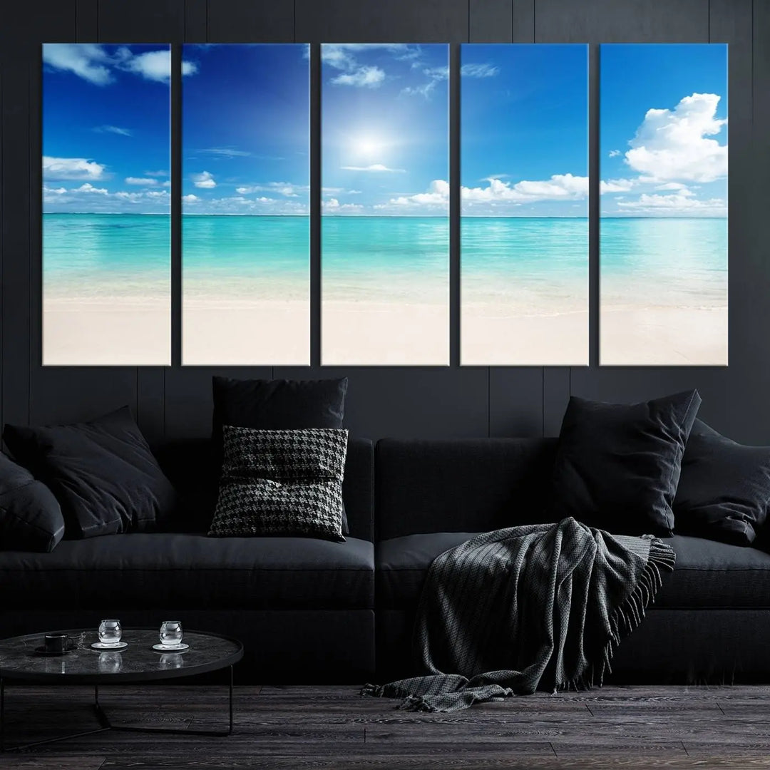 A contemporary living room showcasing the Wall Art Canvas Light Blue Beach and Ocean View.