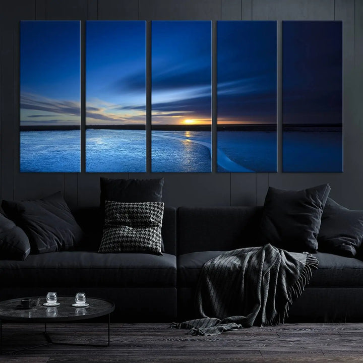 The living room features a triptych of the Wall Art Canvas Print Navy Sunset Lake Landscape Artwork, adding to its tranquil vibe.