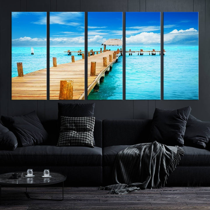 Tropical Pier Triptych Wall Art, Stunning Turquoise Ocean and Wooden Dock Canvas Print, Coastal Beach House Decor, Ocean View Canvas Art