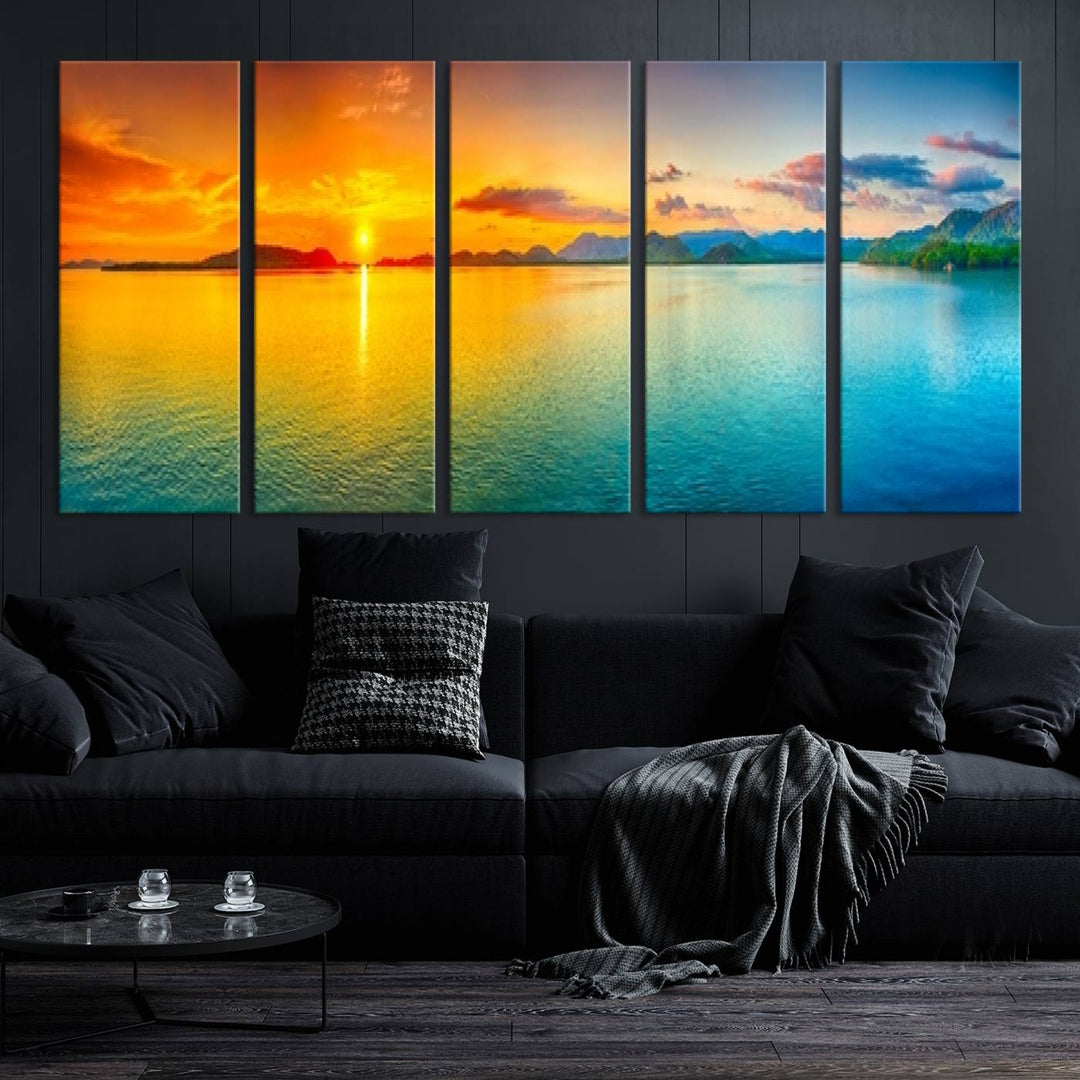 Impresión en lienzo de arte de pared grande, puesta de sol colorida, mar y montaña para decoración de sala de estar