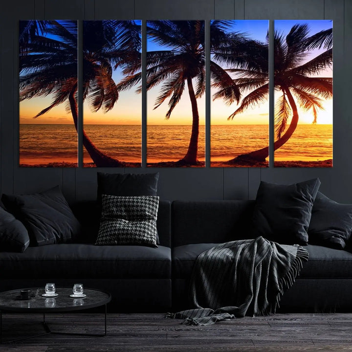 The living room features a wall adorned with the "Wall Art Canvas Curve Palms at Sunset on Beach," showcasing gallery-wrapped, museum-quality canvases in a stunning triptych.