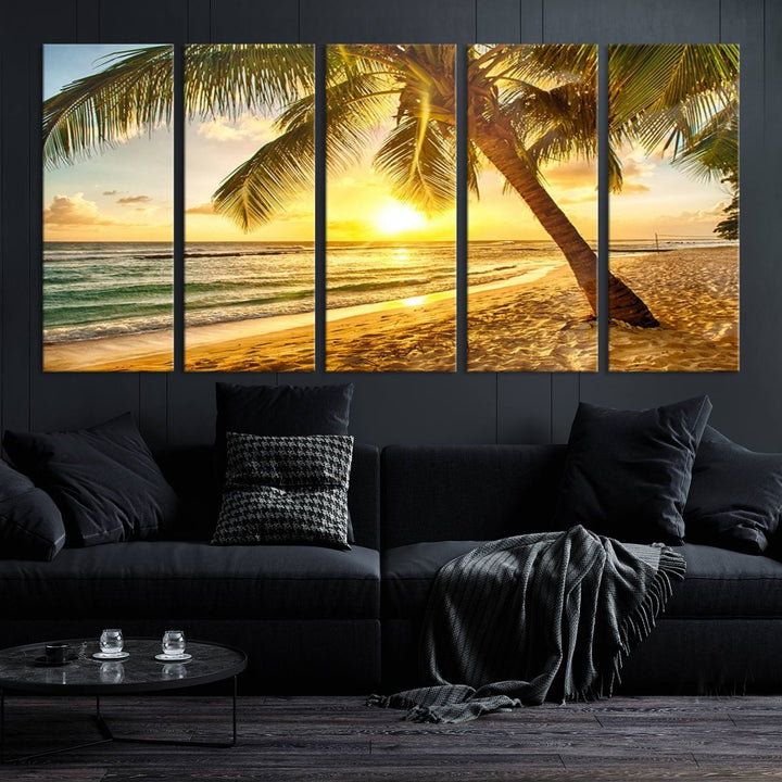 Wall Art Canvas Print Palm on Beach at Bright Sunset