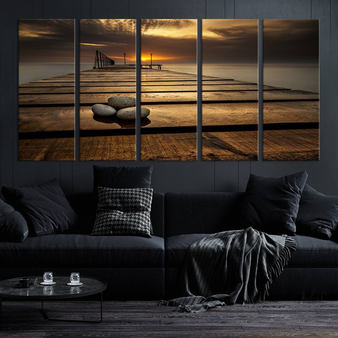 Stones on Wooden Pier at Sunset Wall Art Canvas