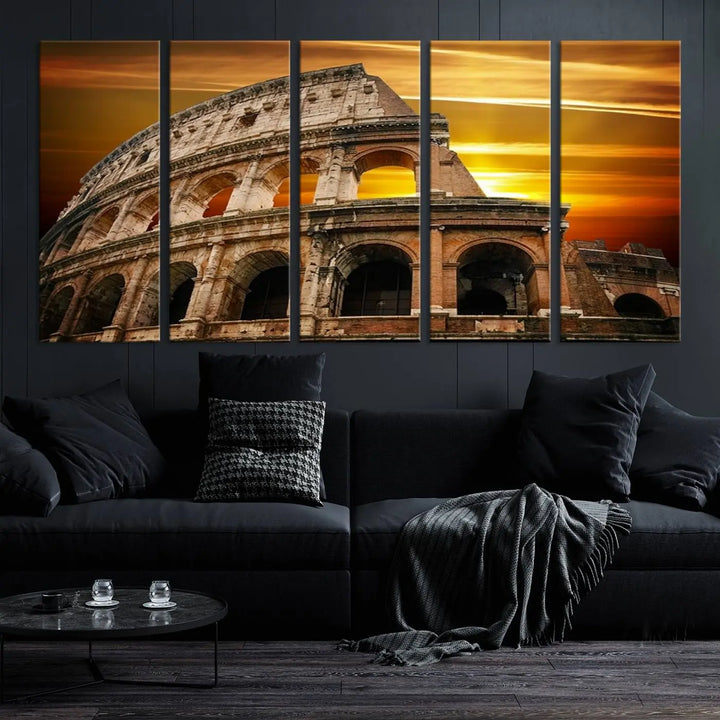 A three-panel canvas titled "Colosseum with Yellow Sunset Behind, Italy," protected with a UV-coating, is elegantly displayed.