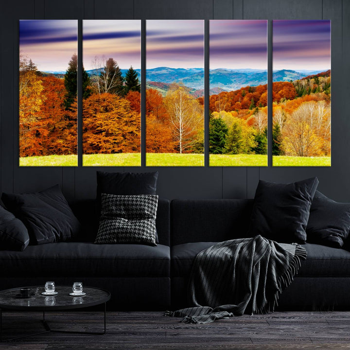 Autumn Colorful Forest Blue Mountains and Purple Sky at Sunset Wall Art Canvas Print