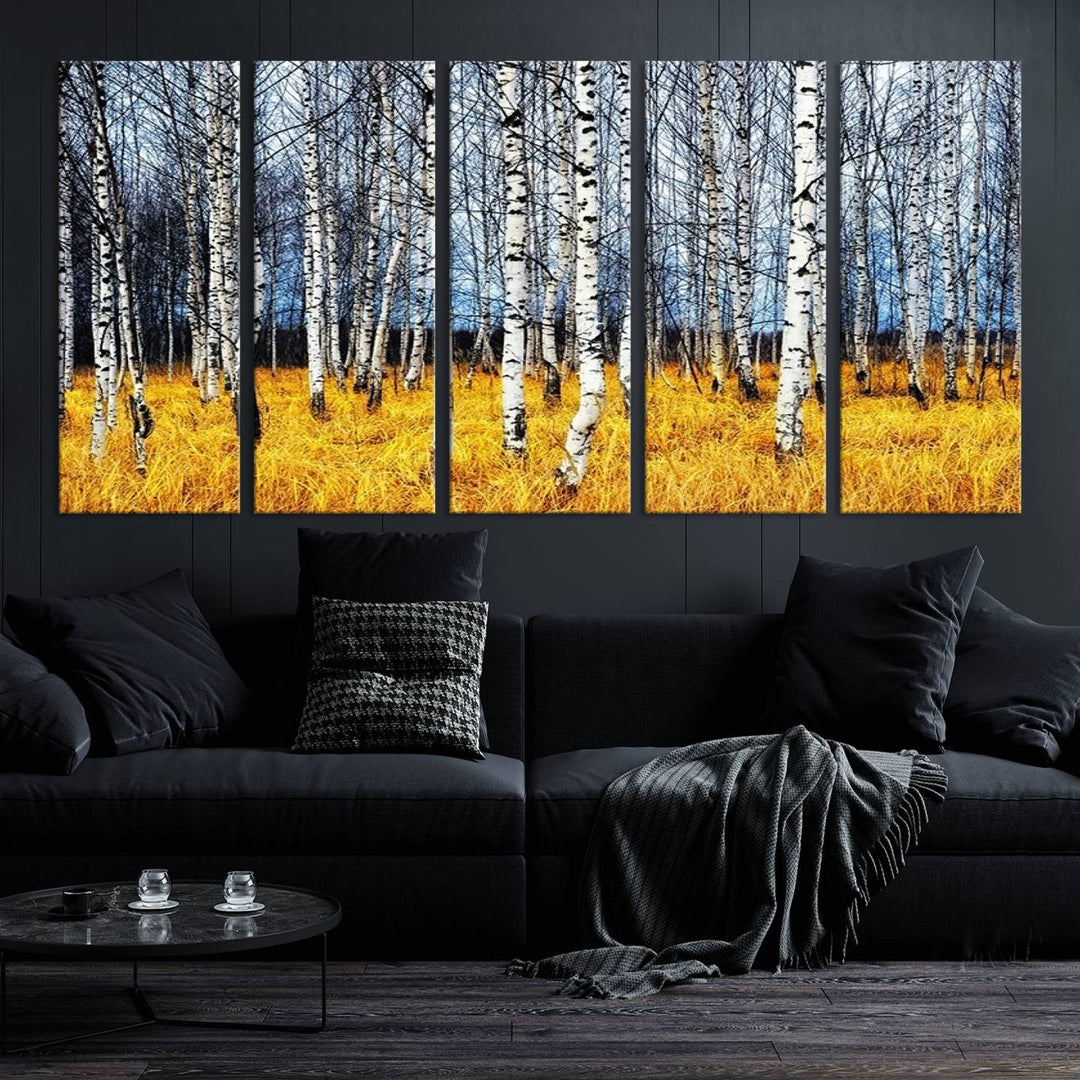 Impression d’art mural de bouleaux, art mural paysage, impression sur toile, arbres sans feuilles sur fond jaune