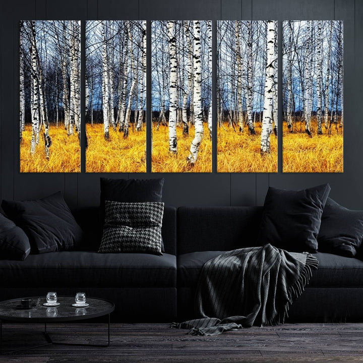 Birch Trees Wall Art Print, Wall Art Landscape Canvas Print Leafless Trees on Yellow Ground