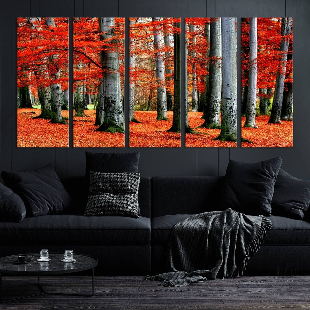 Impression sur toile de paysage d'art mural, feuilles rouges sur des arbres sur fond rouge