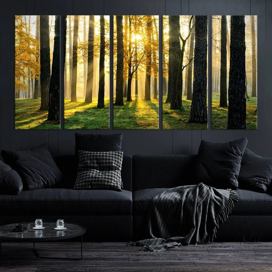 The living room is enhanced by the "Wall Art Landscape Canvas Print Tall Trees in Forest at Sunset" on museum-quality canvas. This triptych, complete with a UV-protective coating, is ready to hang and adds an artistic touch to the space.