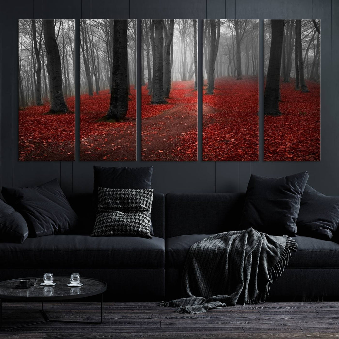 Wonderful Forest artwork: Triptych with red leaves, ideal for nature lovers.