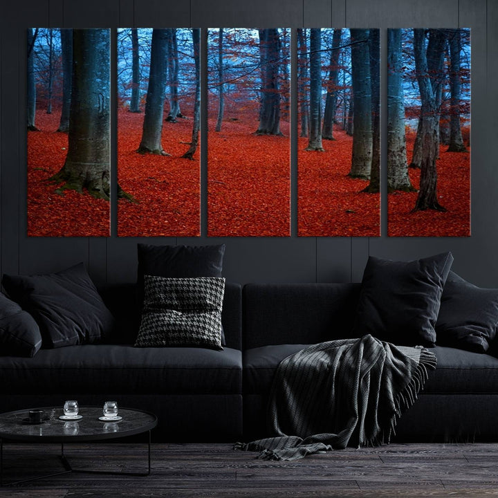 Impression sur toile de paysage d'art mural, feuilles rouges dans la forêt bleue