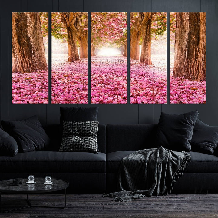 Blossom Cherry Canvas Print Walking on Pink Flowers Between Trees