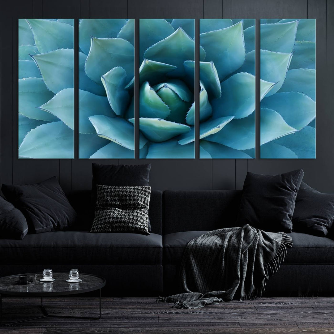 A stunning Large Agave Succulent Canvas Wall Art, a botanical close-up print perfect for modern living rooms, hangs prominently.