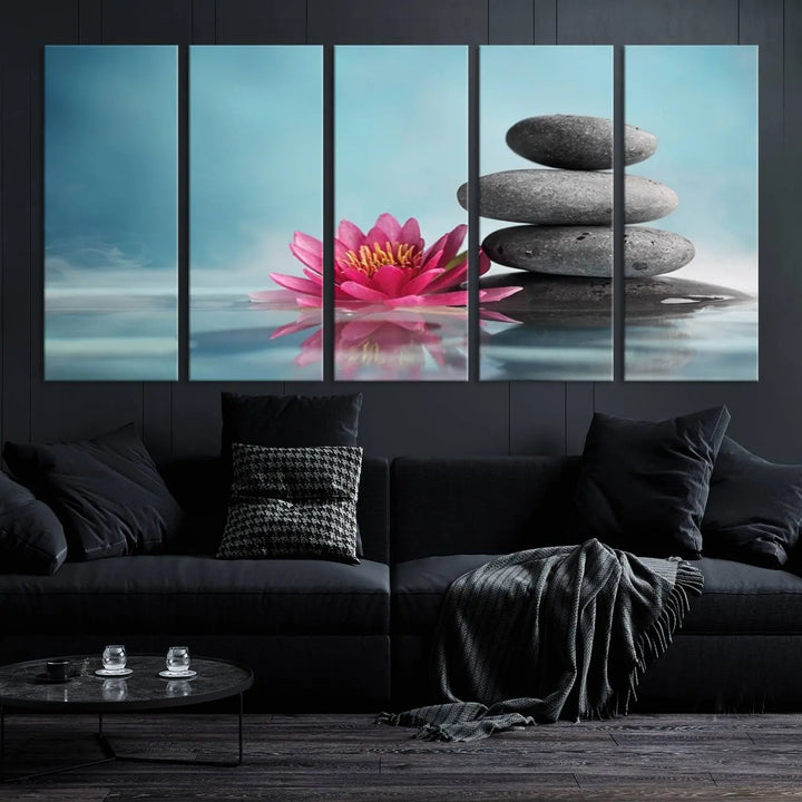 The Zen Serenity Triptych Canvas Art, featuring a lotus flower and balancing stones, perfectly captures tranquility with its serene water lily print.