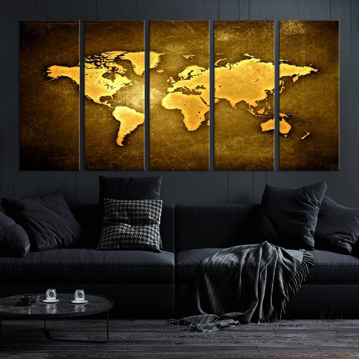 Yellow World Map on Metalic Yellow Background 