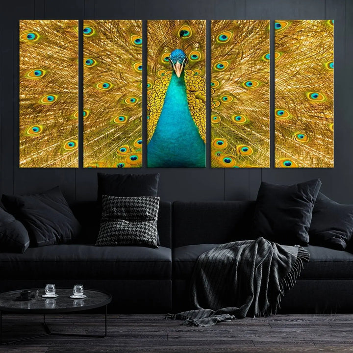 The Peacock Wall Art Canvas Print, featuring a vibrant triptych design of a peacock with intricate feather details and printed on museum-quality canvas with UV-protective coating, brings an artistic flair to the elegant space. Ready to hang, it enhances the modern living room with its striking presence.