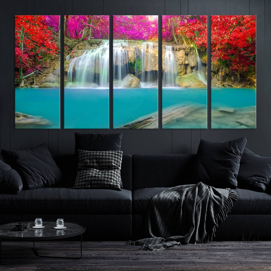 Wall Art Waterfall Landscape with Pink and Red Flowers in Forest Canvas Print