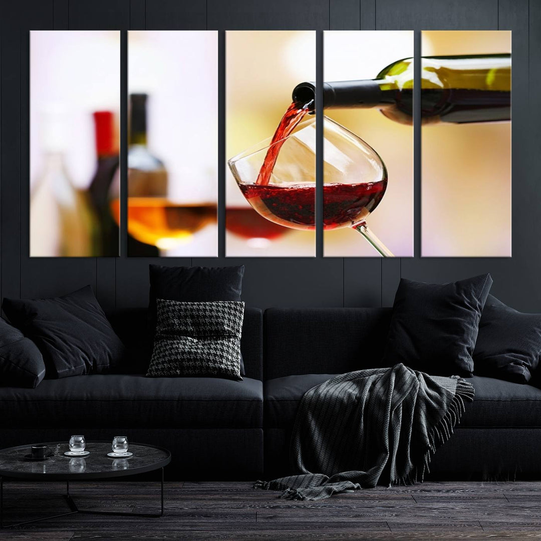 The Filling Red Wine into Glass Red Wine Canvas Print showcases a wine bottle pouring red wine into a glass. This scene, captured on museum-quality canvas, promises timeless elegance and comes with free shipping for effortless delivery to your doorstep.