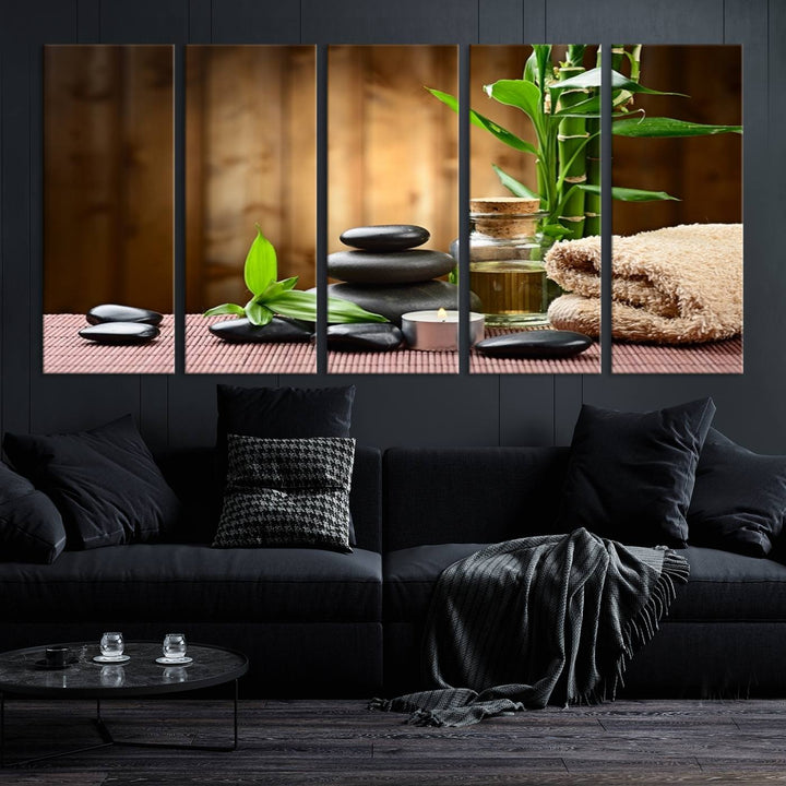 Zen Serenity Triptych Canvas Art, Pink Lotus Flower and Balancing Stones Wall Art, Tranquil Water Lily Canvas Print