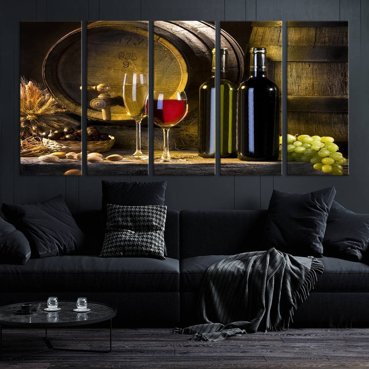 Explore the "Wall Art Red and White Wine with Bottles and Tun Canvas Print," a triptych on gallery-wrapped, museum-quality canvas. Featuring a wine barrel, bottles, and a glass of red wine, it includes a UV-protective coating for lasting vibrancy.