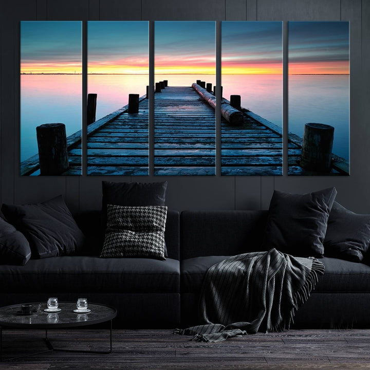 Wall Art Vintage Wooden Pier on Sea at Sunset Canvas Print