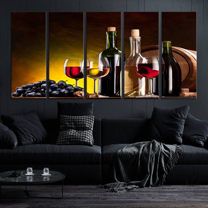 The "Red and White Wine Canvas Print" is a multi-panel design displaying bottles and glasses, adding a professional craftsman's touch to the living room.