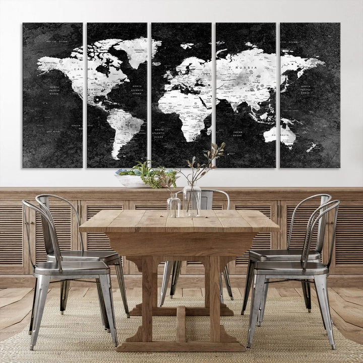 Modern Grayscale World Map 3-Panel Canvas Art | Ready to Hang, Framed | Stylish Minimalist Wall Décor for Home, Office, Living Room, or Study Spaces 