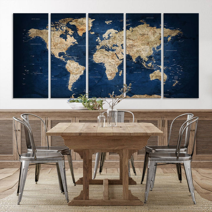 A triptych canvas print titled "Vintage Blue World Map Canvas Print - Classic World Map Design on Deep Blue Wall Art Print" adorns the wall, enhancing the decor with its antique style.