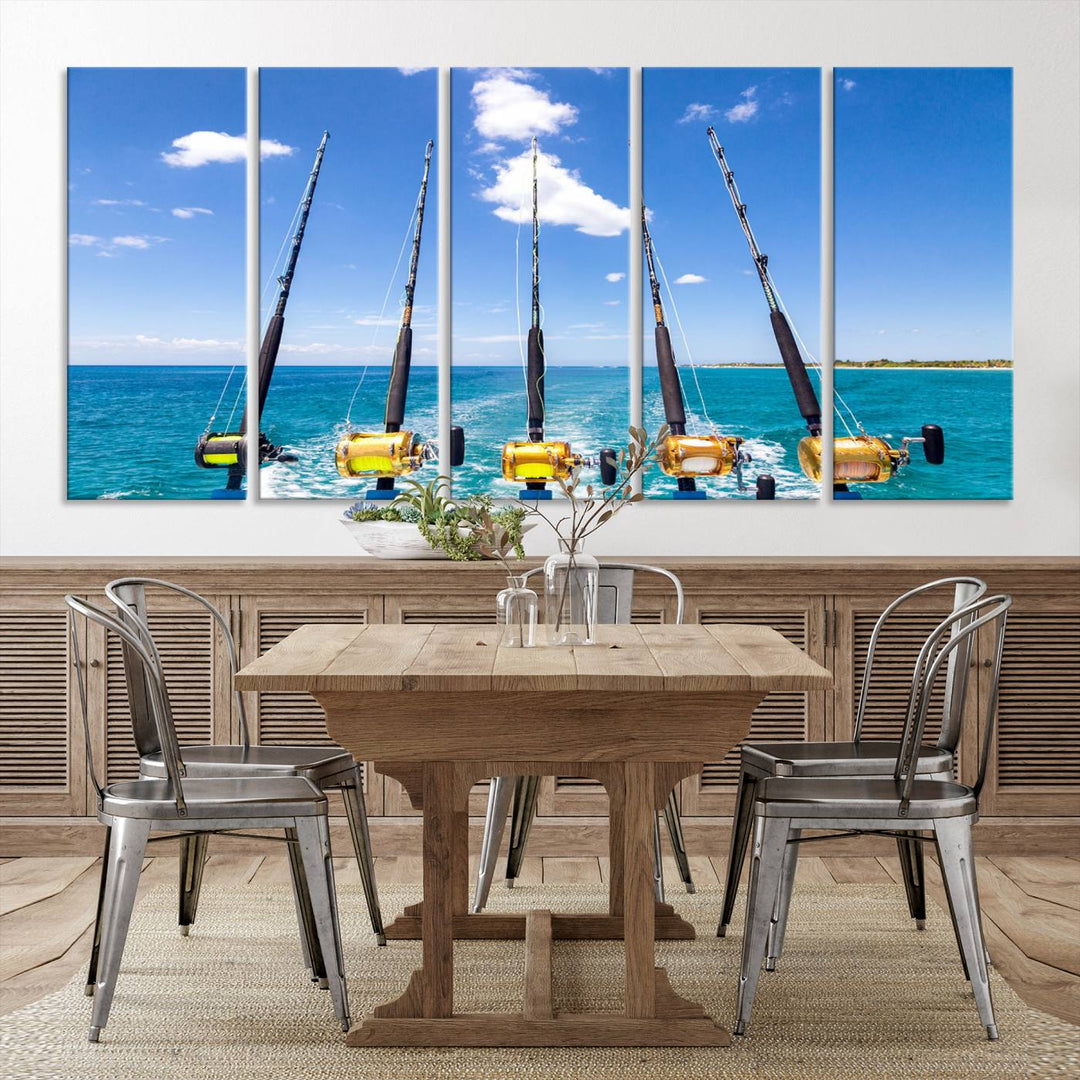 Fishing Roads on Boat Canvas Wall Art Print Ocean Seascape Art Print