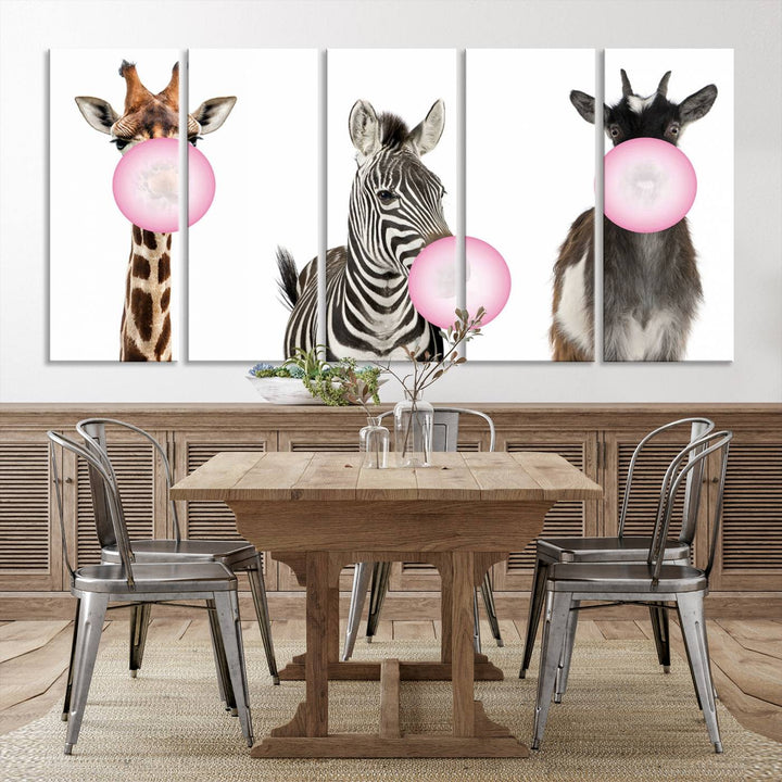 Animales divertidos, lienzo grande, arte de pared, cabra, cebra, jirafa, impresión en lienzo, animales lindos con globos para decoración de habitación de niños