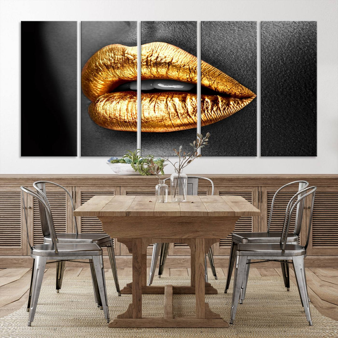 Gold Lips Canvas Wall Art Print Makeup Wall Art Fashion Beauty Canvas Print