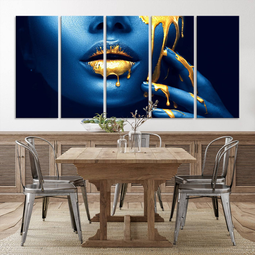 Neon Blue Gold Lips Photography Canvas Wall Art Print Fashion Art Beauty